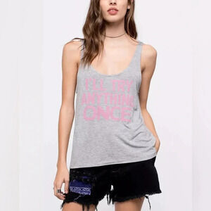 DAYDREAMER Women’s I’ll Try Anything Once Pink and Gray Graphic Tank Top size S